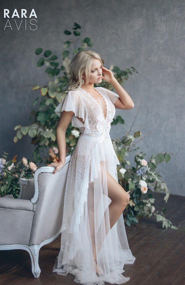 Sexy transparent lace bridal robe Debora by rara avis with split image 3