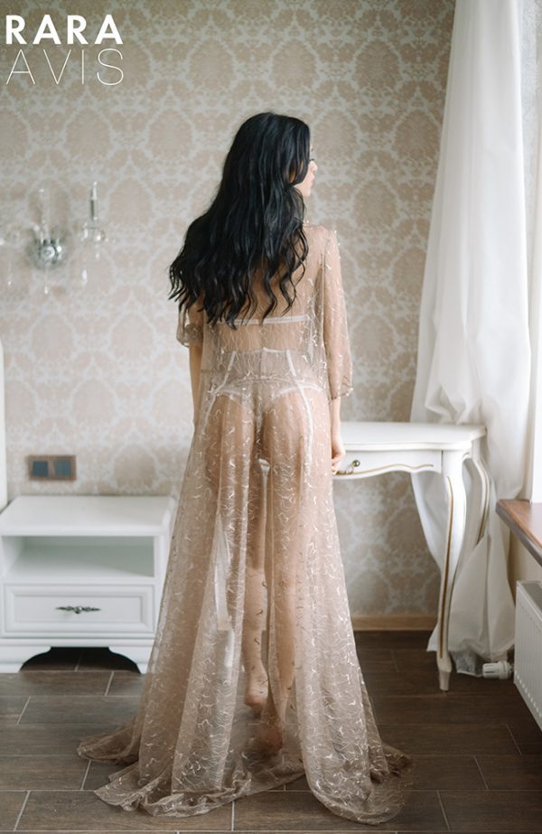 lace bride dressing gown Shanis by rara avis with long sleeves and pearl decorations, image 2