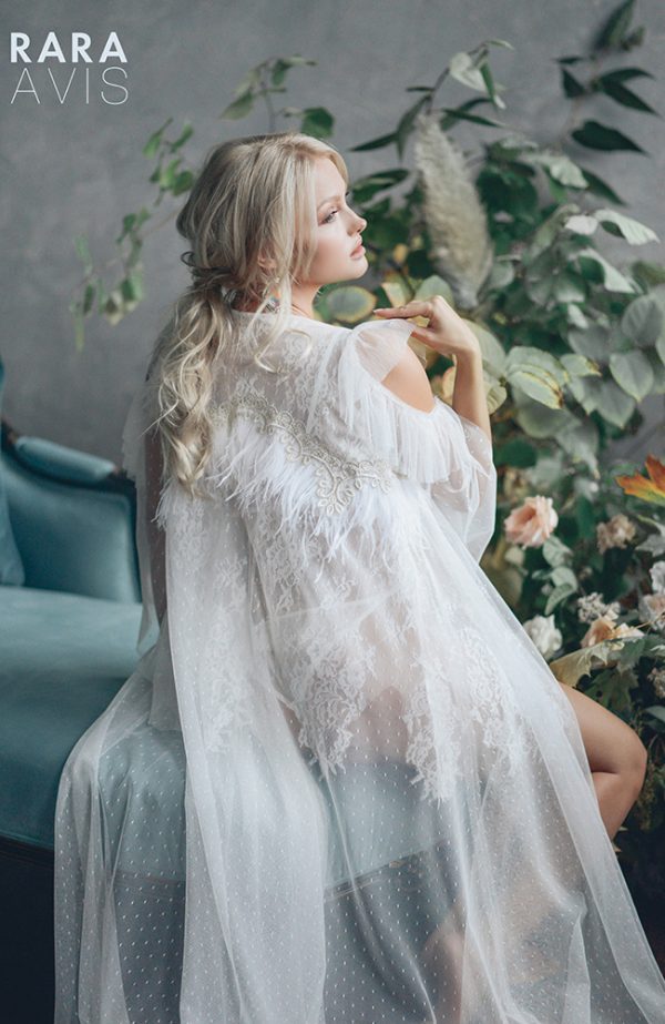 lace bridal robe Tansel by rara avis with feathers and tulle sleeves, image 3