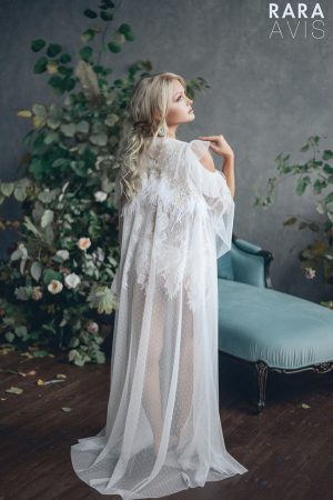 lace bridal robe Tansel by rara avis with feathers and tulle sleeves, image 1