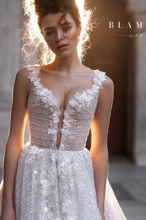 A bride wearing princess wedding dress Bijy by balmmo-biamo with skirt and bodice decorated with sequins and 3D flowers,image 6