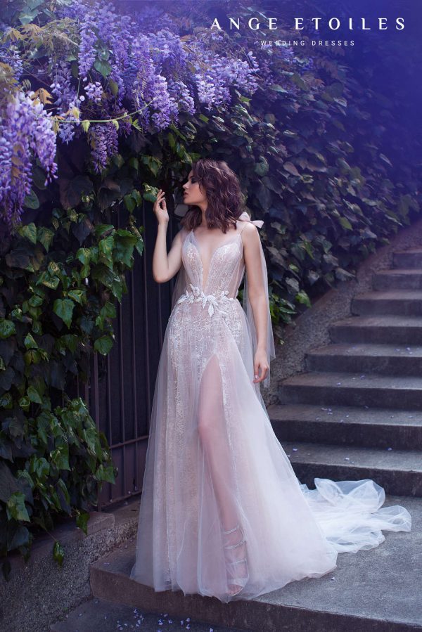 Sexy wedding dress Afina with skirt split, deep neckline and wedding cape by Ange Etoiles, image 6