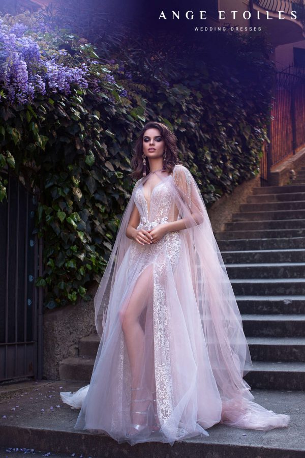 Sexy wedding dress Afina with skirt split, deep neckline and wedding cape by Ange Etoiles, image 7