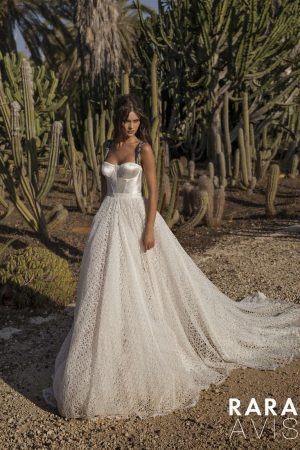 bohemian lace wedding dress Aviv by Rara Avis with circle lace A-line skirt. The back and straps are embroidered with black and silver beads, image 6