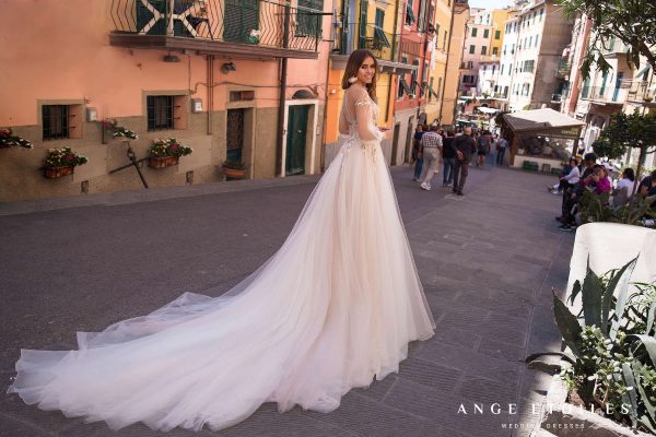 Colourful princess style bridal dress Ivona by Ange Etoiles with the mesh high neckline, lace bodice,long sleeves and long train image 2