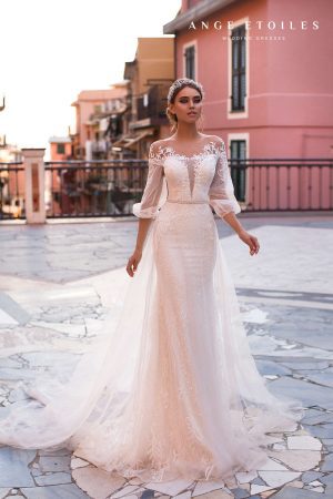 sexy bridal gown Katalina by Ange Etoiles comes in a fit and flare silhouette with lace illusion neckline, three quarter tulle sleeves and beautiful lace back, image 1