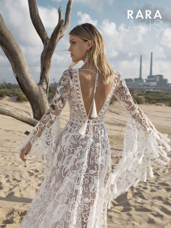 A-line boho style wedding gown Kortal by Rara Avis with split skirt, lace sleeves decorated with colourful embroideries, image 4