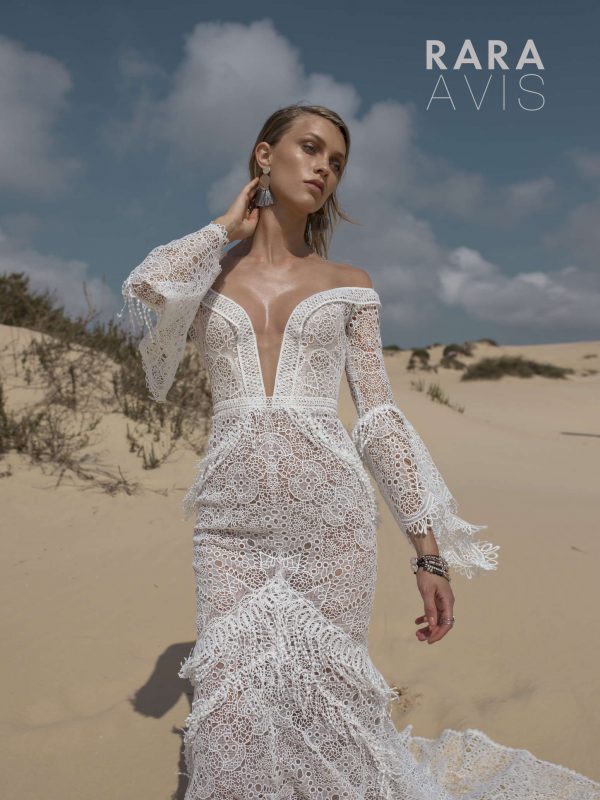 sexy bohemian wedding dress Luchian by Rara Avis with fit and flare silhouette, plunging neckline and long lace sleeves, image 4