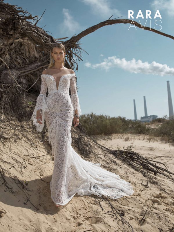 sexy bohemian wedding dress Luchian by Rara Avis with fit and flare silhouette, plunging neckline and long lace sleeves, image 3