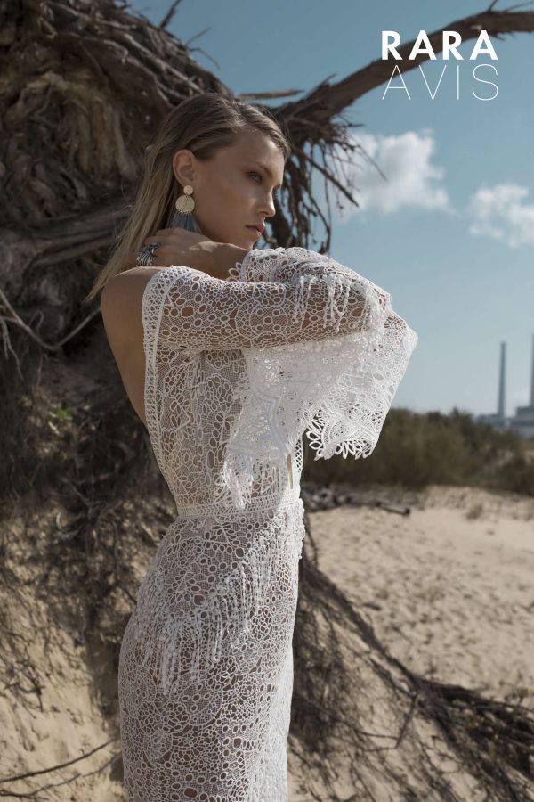 sexy bohemian wedding dress Luchian by Rara Avis with fit and flare silhouette, plunging neckline and long lace sleeves, image 2