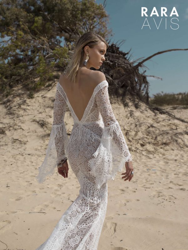 sexy bohemian wedding dress Luchian by Rara Avis with fit and flare silhouette, plunging neckline and long lace sleeves, image 1