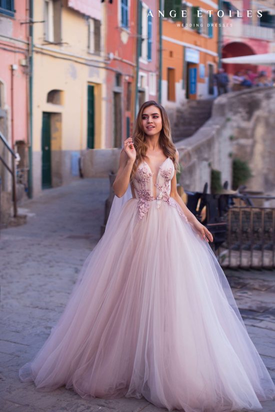Dreamy purple wedding dress Petunia with puffy princess skirt, long lace wings and plunge neckline by Ange-Etoiles, image 1