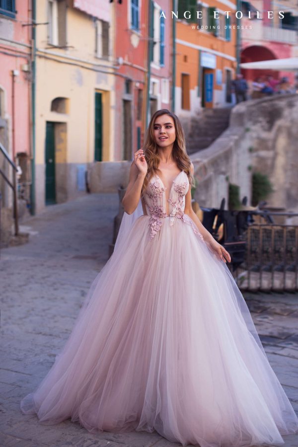 Dreamy purple wedding dress Petunia with puffy princess skirt, long lace wings and plunge neckline by Ange-Etoiles, image 1