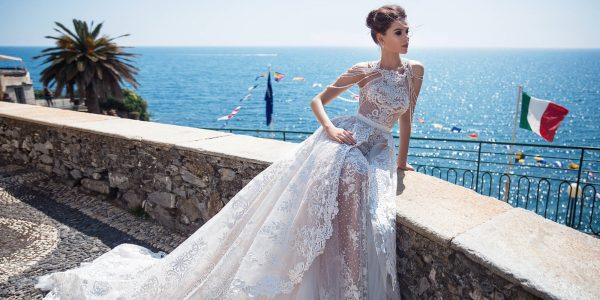 Bridal gown beylia with high neckline, shoulder beads decorations and detachable lace skirt, image 4