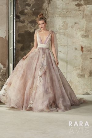 unique pink wedding dress Elba by Rara Avis with floral silk skirt and sexy open back, image 7