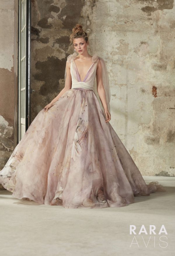 unique pink wedding dress Elba by Rara Avis with floral silk skirt and sexy open back, image 7
