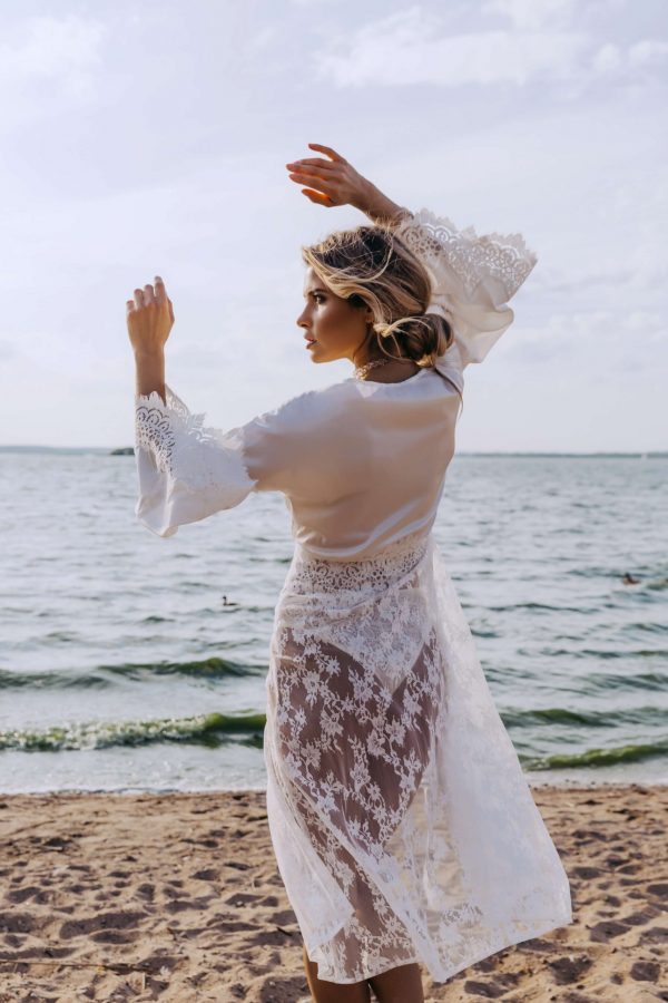 bride silk robe Taria by rara avis with lace skirt and long sleeves, image 1