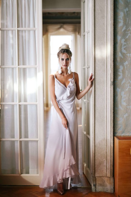 Rara Avis white satin long dressing gown Belle with shoulder straps at Dell'Amore Bridal, NZ