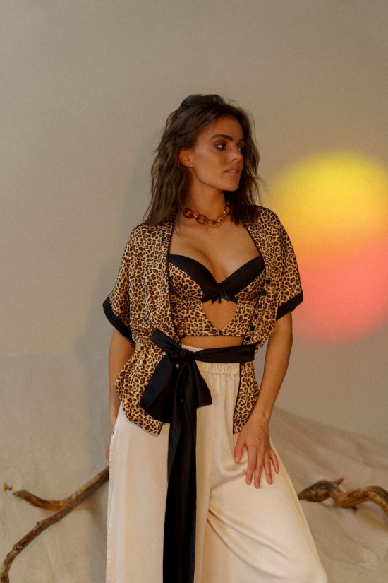 model wears leopard lola shirt and blush culottes by rara-avis dellamore bridal 5