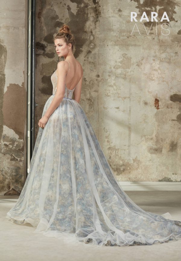 blue wedding dress Beki with a floral skirt and sequins top designed by Rara Avis designer, image 4
