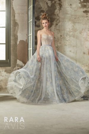 blue wedding dress Beki with a floral skirt and sequins top designed by Rara Avis designer, image 1