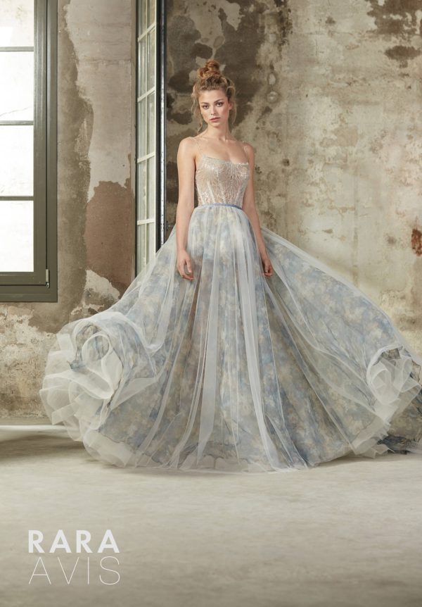 blue wedding dress Beki with a floral skirt and sequins top designed by Rara Avis designer, image 1