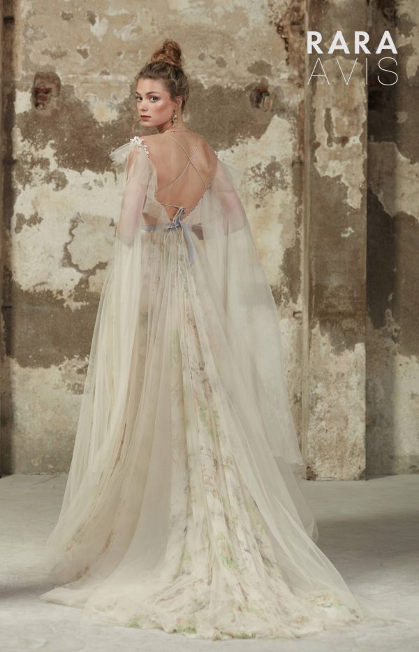colourful wedding dress Delvin from Rara Avis with floral skirt and long sleeve wings, image 4
