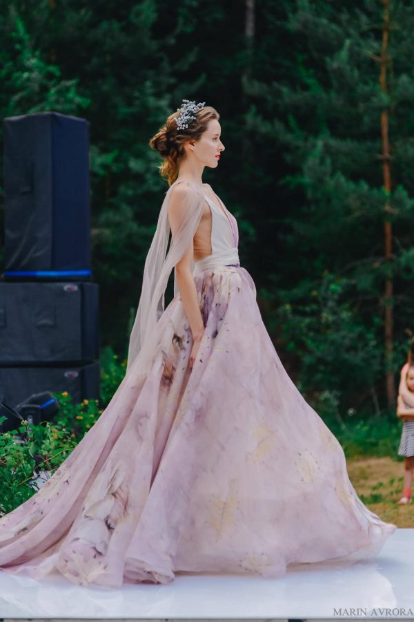 unique pink wedding dress Elba by Rara Avis with floral silk skirt and sexy open back, image 4