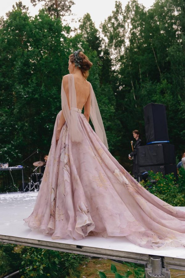 unique pink wedding dress Elba by Rara Avis with floral silk skirt and sexy open back, image 3