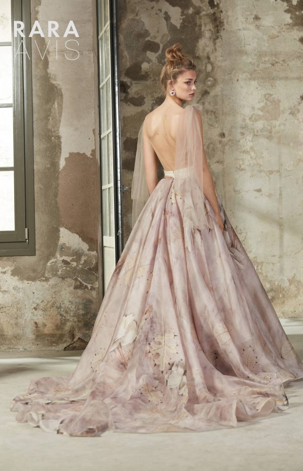 unique pink wedding dress Elba by Rara Avis with floral silk skirt and sexy open back, image 6