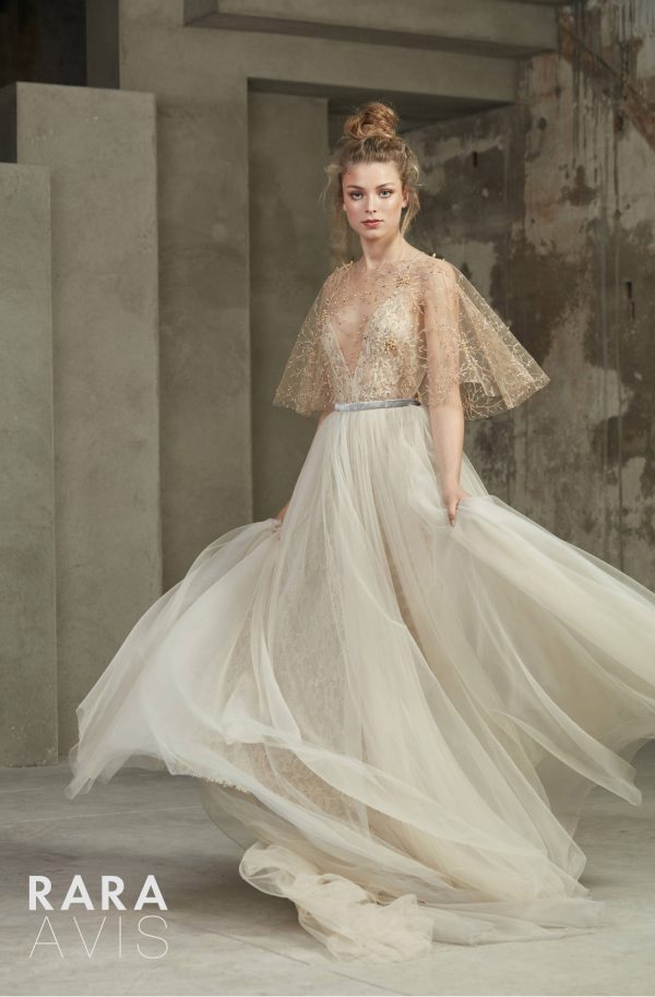 chic gold wedding dress Holli by Rara Avis with gold beaded cape and soft a-line tulle skirt image 3