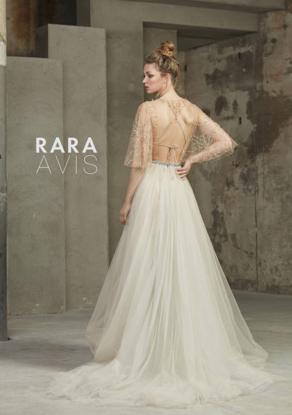 chic gold wedding dress Holli by Rara Avis with gold beaded cape and soft a-line tulle skirt image 2
