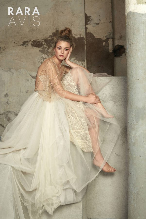 chic gold wedding dress Holli by Rara Avis with gold beaded cape and soft a-line tulle skirt image 1