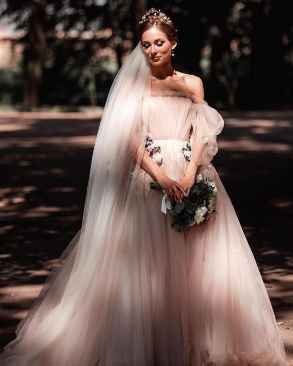unique blush bridal gown Levi by Rara Avis with straight neckline, princess tulle skirt and off-shoulders sleeves, image 1