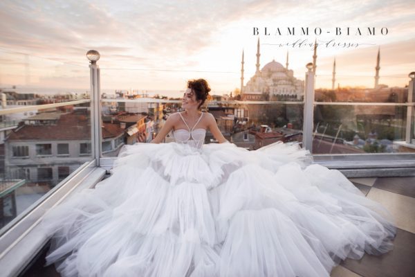 A bride wearing princess wedding dress Liam by Blammo-Biamo with fluffy multi-layered skirt and bodice embroidered with straps, front view