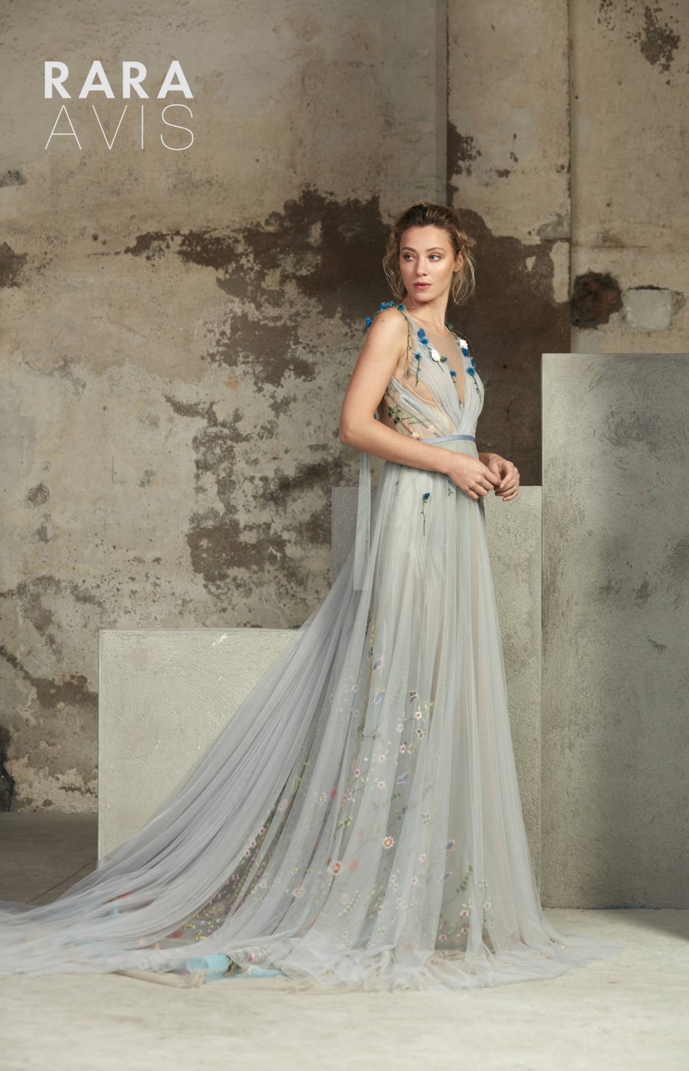 dusty blue wedding dress Lofgrein by Rara Avis with flower straps, wings and crisscross straps on the back, image 6
