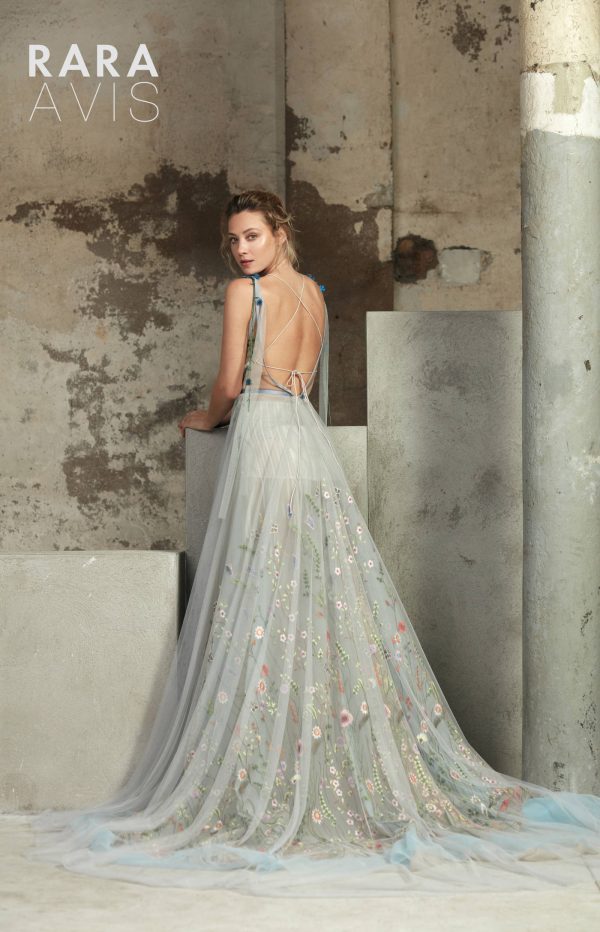 dusty blue wedding dress Lofgrein by Rara Avis with flower straps, wings and crisscross straps on the back, image 5