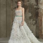 Green wedding gown Malina by Rara Avis with ruffle A-line skirt and green belt and spaghetti straps, image 3