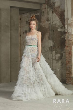 Green wedding gown Malina by Rara Avis with ruffle A-line skirt and green belt and spaghetti straps, image 3