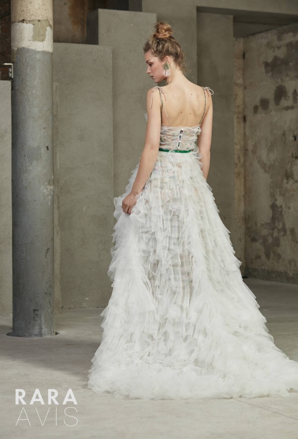 Green wedding gown Malina by Rara Avis with ruffle A-line skirt and green belt and spaghetti straps, image 2