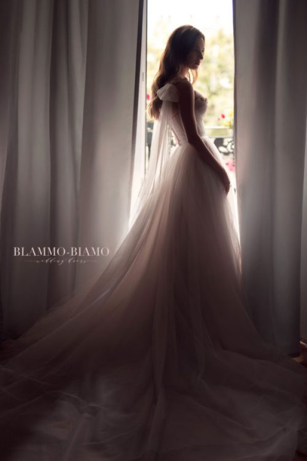 Sexy A-line wedding gown Nora by Blammo-Biamo with wing sleeves and bodice cups decorated with blush crystals, image 3