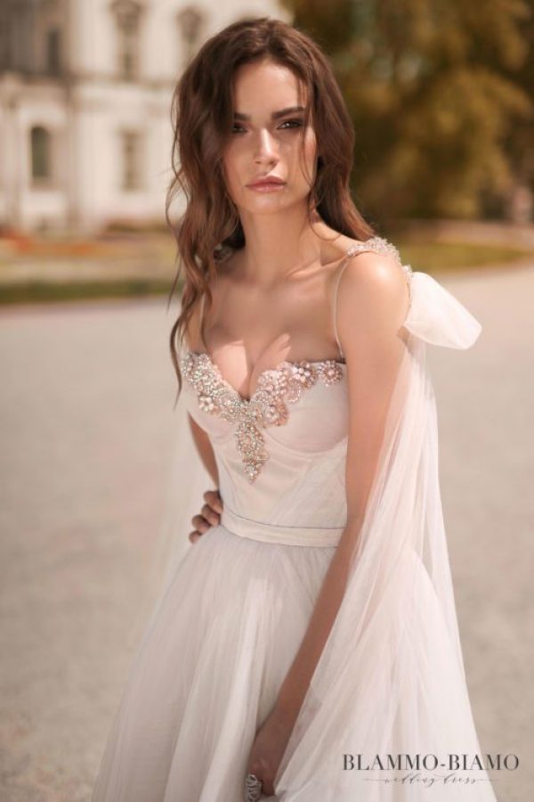 Sexy A-line wedding gown Nora by Blammo-Biamo with wing sleeves and bodice cups decorated with blush crystals, image 2