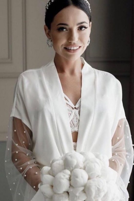 Rara Avis long white bridesmaid robe Ivetta with long transparent lace sleeves at Dell'Amore Bridal, NZ.1