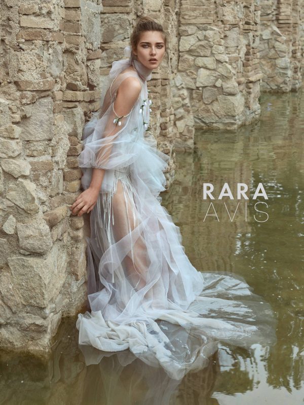 blue wedding gown Riki by Rara Avis with A-line tulle skirt and bow, image 5