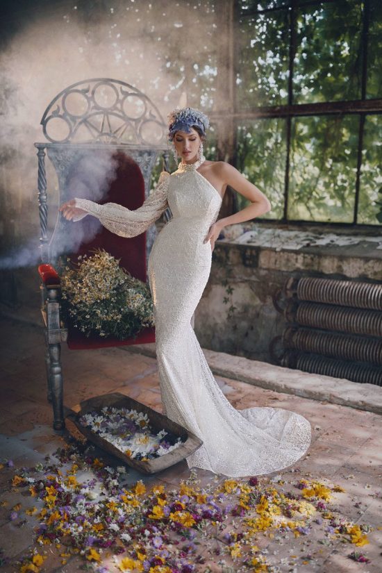 Rara Avis Asymmetrical sleeve wedding dress Shantal at Dell'Amore Bridal, NZ.1