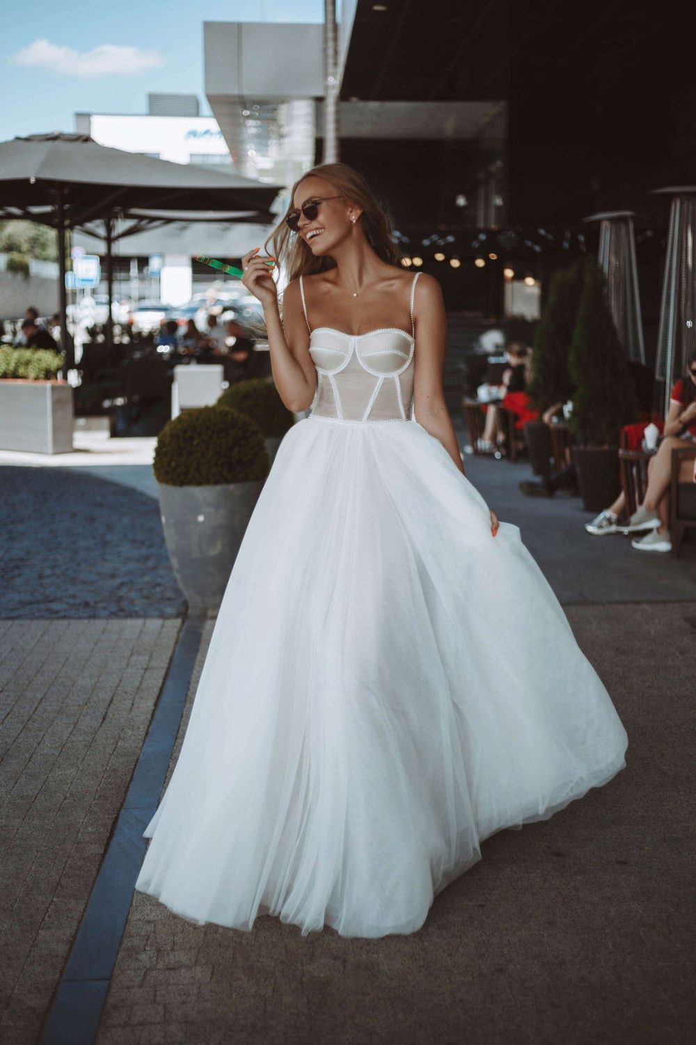 Rara Avis elegant A-line wedding dress Yang with the tulle skirt and fitted bodice with the sweetheart neckline and pearls decorations at Dell"Amore Bridal, NZ.5