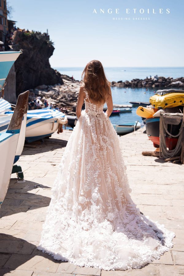 White bridal dress Zemfira in a princess style decorated with the flowers on the skirt by Ange Etoiles image 4