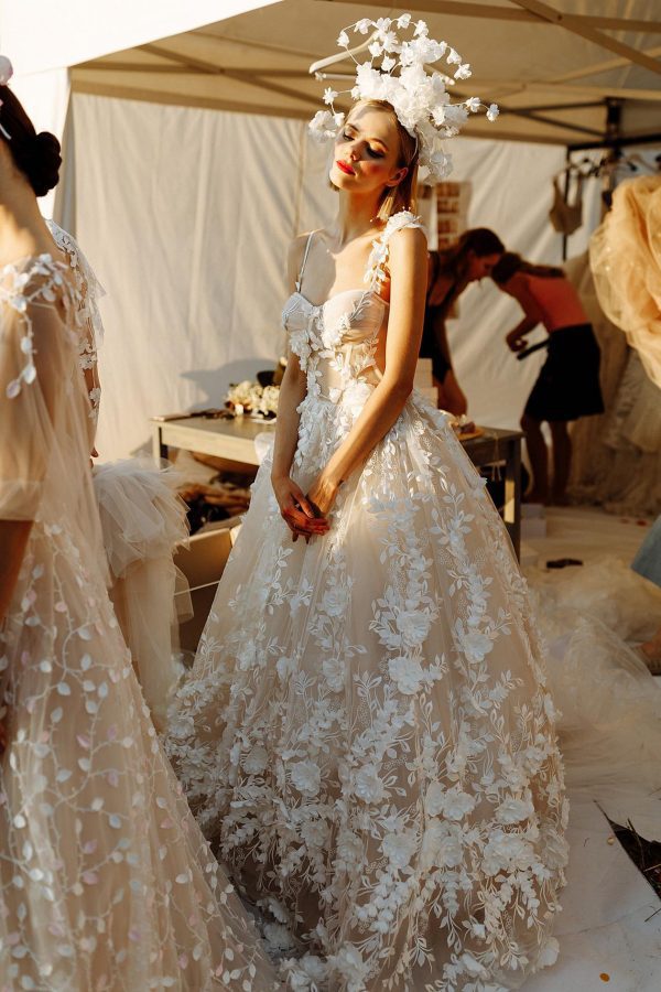 White bridal dress Zemfira in a princess style decorated with the flowers on the skirt by Ange Etoiles image 2