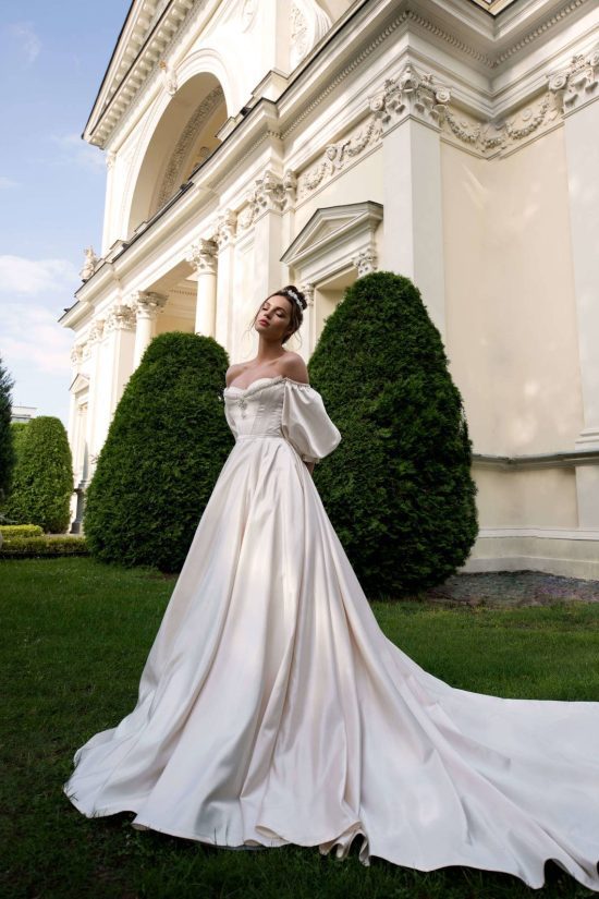 Off-shoulders sleeves wedding dress from Blammo-biamo, simple and modern style bridal gown, image 2