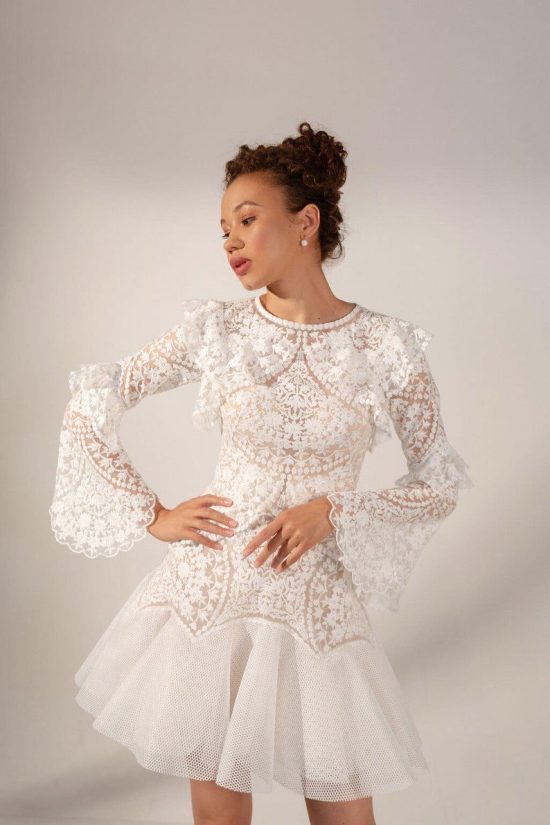 A-Line Bohemian Wedding Dress Yesenia with skirt ruffles, long lace sleeves and boat neckline by Rara Avis image 1